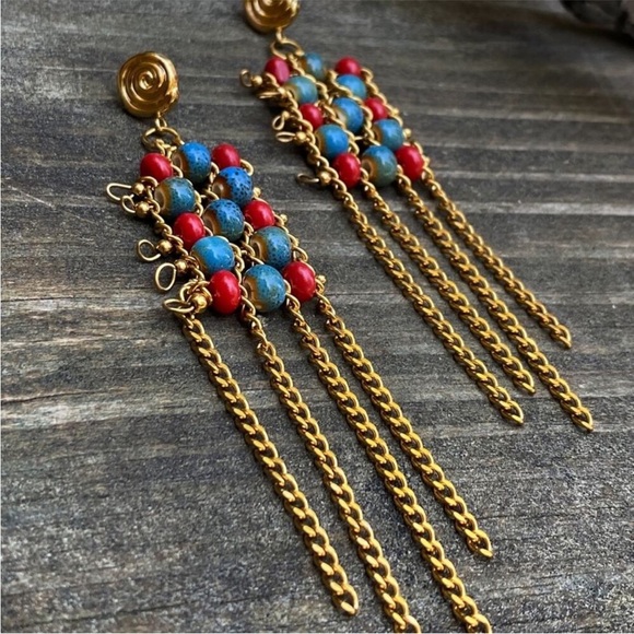 NEW Ceramic Beaded Gold Tassel Earrings - Picture 13 of 13